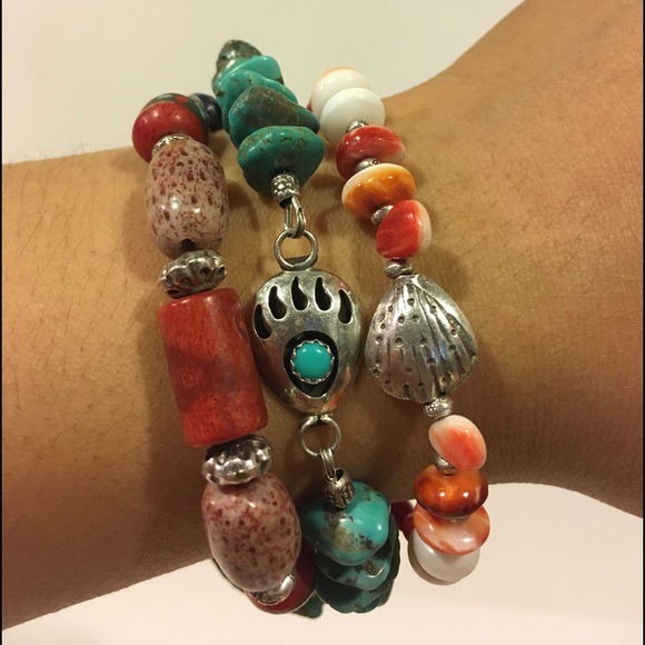 Boho Sundance Style Celestial Gemstone Turquoise Hill Tribe Silver Bracelet - Picture 4 of 10